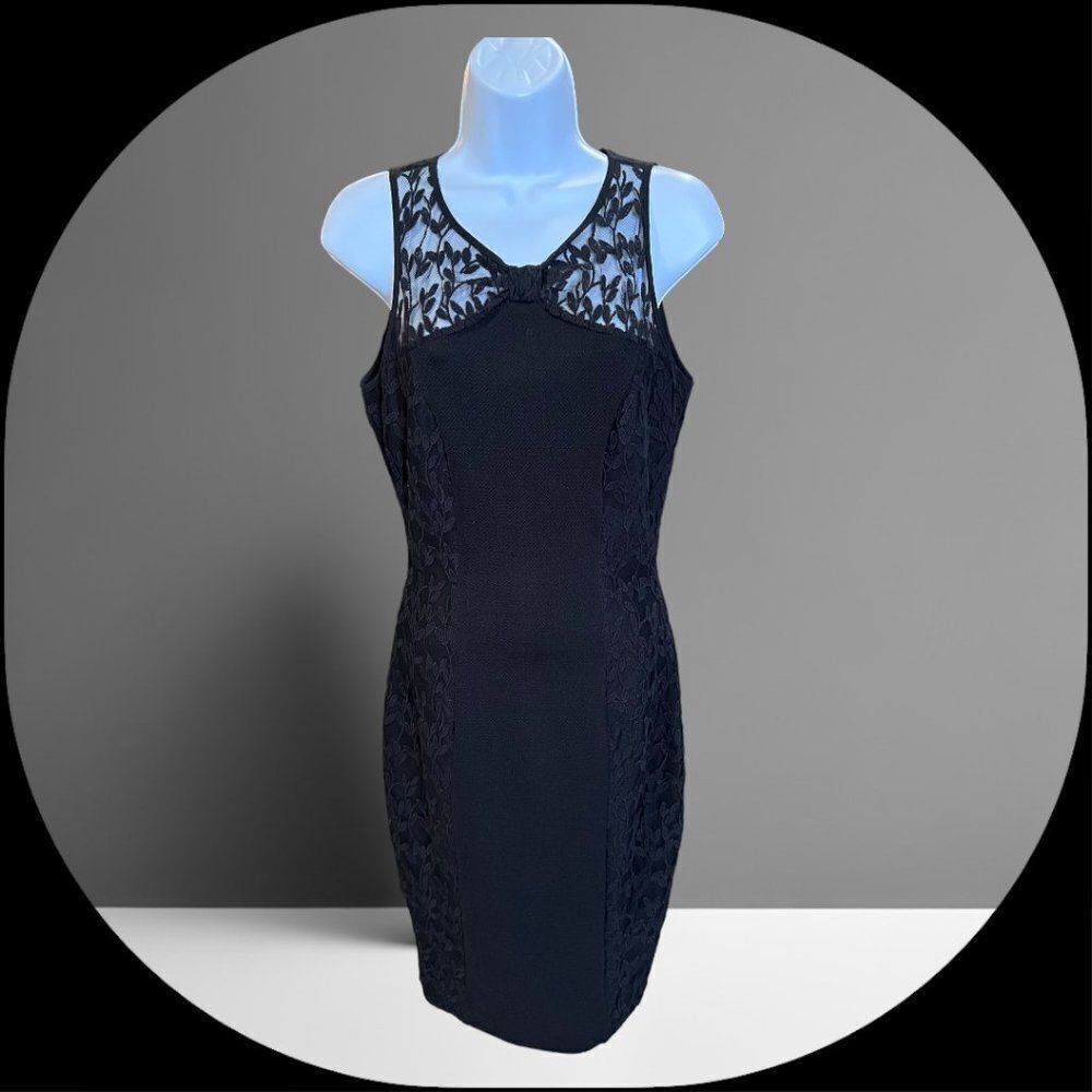 Women's Black Lace Overlay Knit Sleeveless Dress by Darling, Size SM